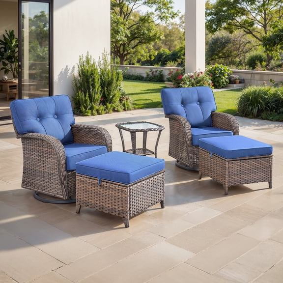 OPOHORO 5 Pieces Outdoor Conversation Set, with with T Shape-Back Cushions, Side Table and Ottomans, Brown Wicker Patio Furniture Swivel Rockers for Porch and Yard, Blue