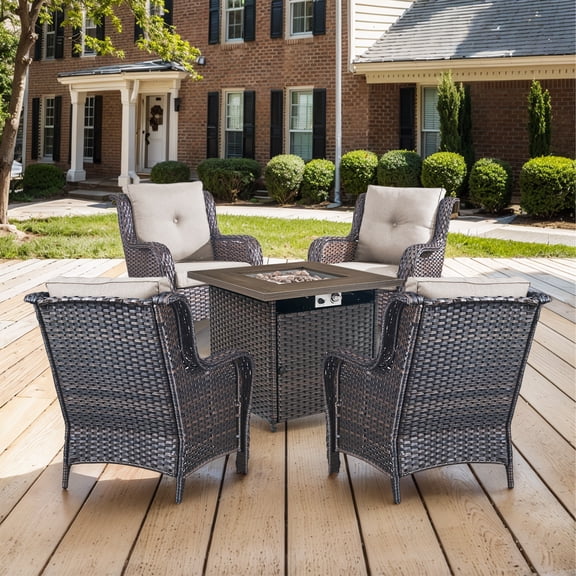 OPOHORO 5 Pieces Outdoor Conversation Set with 32" Square Fire Pit Table, Brown Wicker Rattan Furniture Set with Lounge Chairs and Beige Cushion, for Garden Lawn Balcony