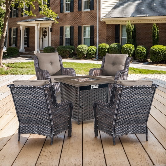 OPOHORO 5 Pieces Outdoor Conversation Set with 32" Square Fire Pit Table, Brown Wicker Rattan Furniture Set with Lounge Chairs and Gray Cushion, for Garden Lawn Balcony