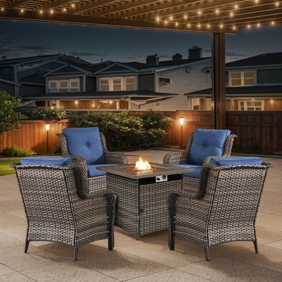 OPOHORO 5 Pieces Outdoor Conversation Set with 32" Square Fire Pit Table, Gray Wicker Rattan Furniture Set with Lounge Chairs and Blue Cushion, for Garden Lawn Balcony