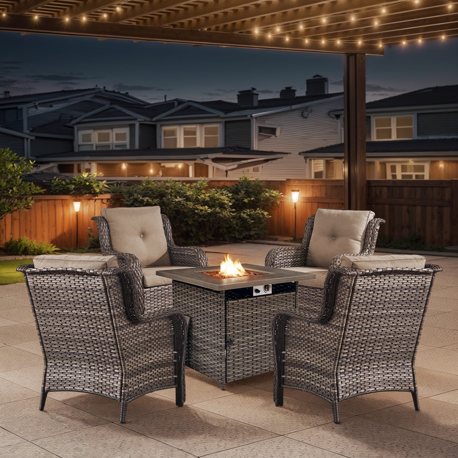 OPOHORO 5 Pieces Outdoor Conversation Set with 32" Square Fire Pit Table, Gray Wicker Rattan Furniture Set with Lounge Chairs and Gray Cushion, for Garden Lawn Balcony