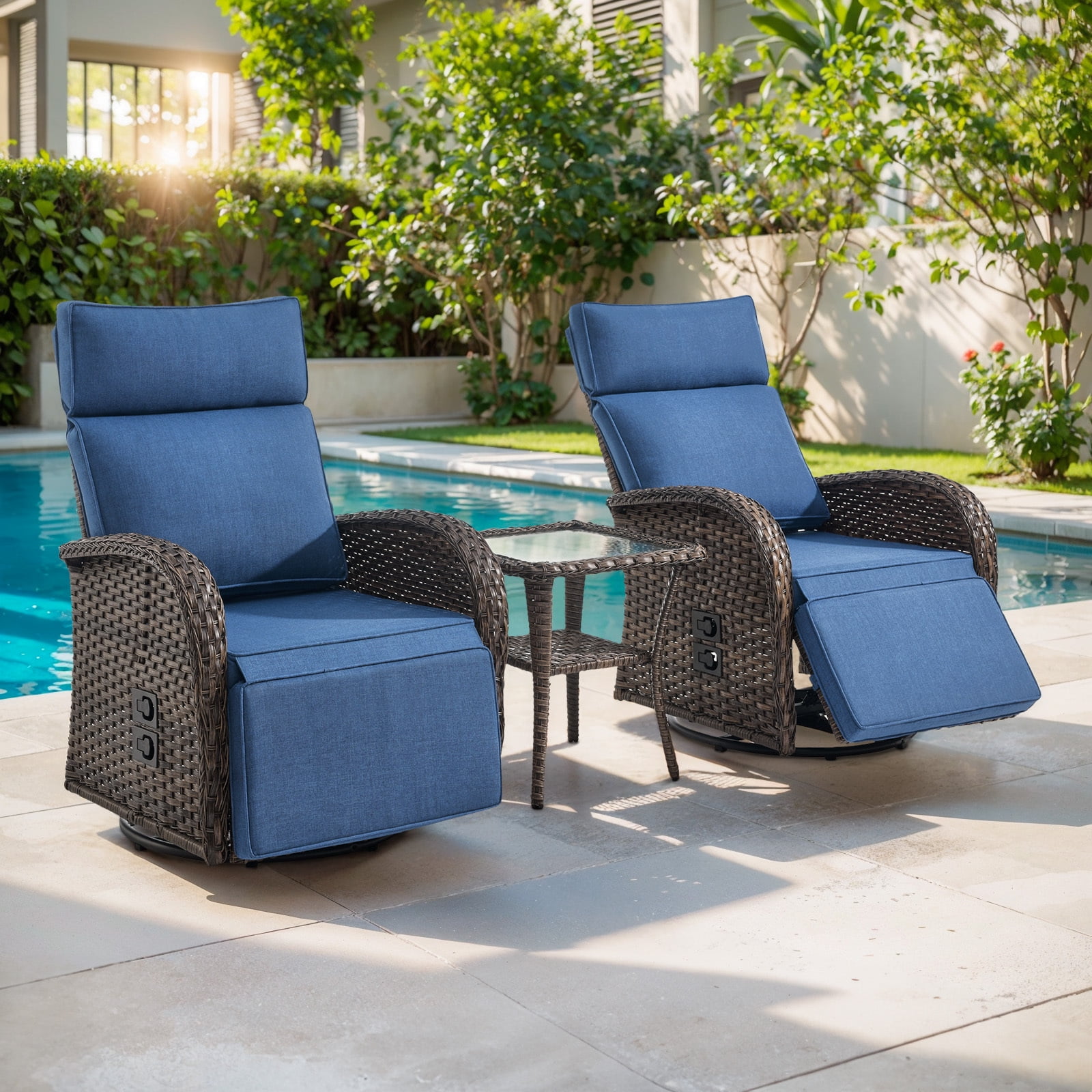 OPOHORO 59" Outdoor Wicker Swivel Chaise Lounge Set of 2 with Cushion, Adjustable Backrest & Side Table, Blue Patio Recliner for Poolside or Backyard