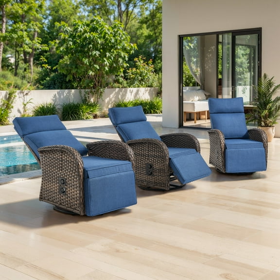 OPOHORO 59" Outdoor Wicker Swivel Chaise Lounge Set of 3 with Adjustable Backrest and Cushion, Blue Patio Recliner for Poolside or Backyard