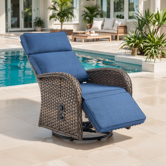 OPOHORO 59" Outdoor Wicker Swivel Chaise Lounge with Adjustable Backrest and Cushion, Blue Patio Recliner for Poolside or Backyard