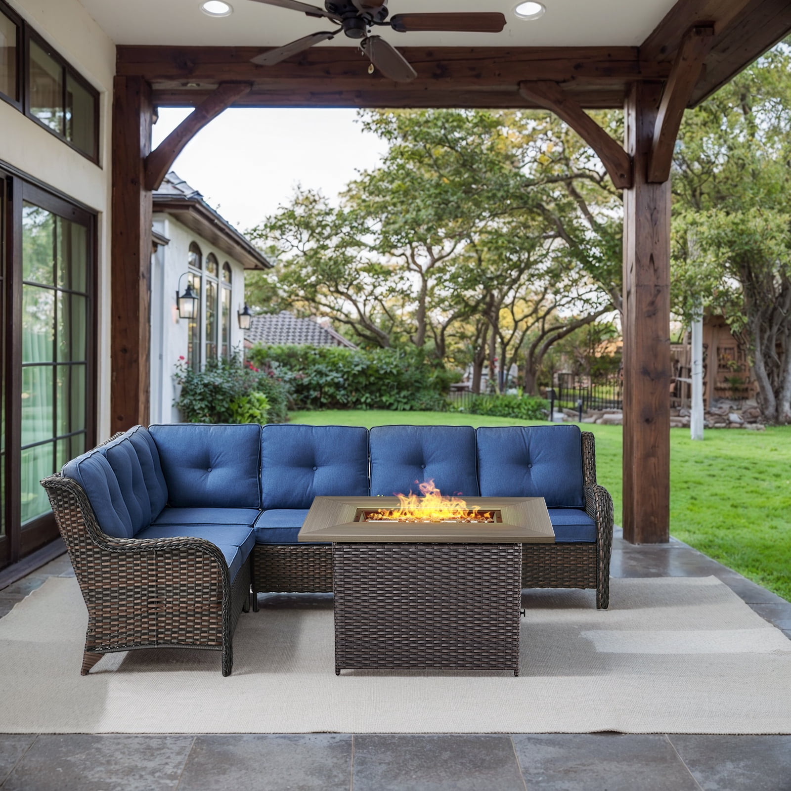 OPOHORO 6 Person Patio Conversation Set with Fire Pit Table, Brown Wicker Rattan Furniture Set for Outside with Sectional Couch and Rectangular Propane Firepit Table - Blue