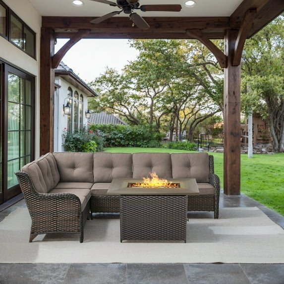 OPOHORO 6 Person Patio Conversation Set with Fire Pit Table, Brown Wicker Rattan Furniture Set for Outside with Sectional Couch and Rectangular Propane Firepit Table - Gray