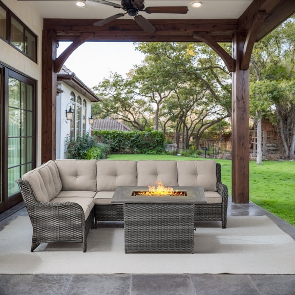 OPOHORO 6 Person Patio Conversation Set with Fire Pit Table, Gray Wicker Rattan Furniture Set for Outside with Sectional Couch and Rectangular Propane Firepit Table - Beige