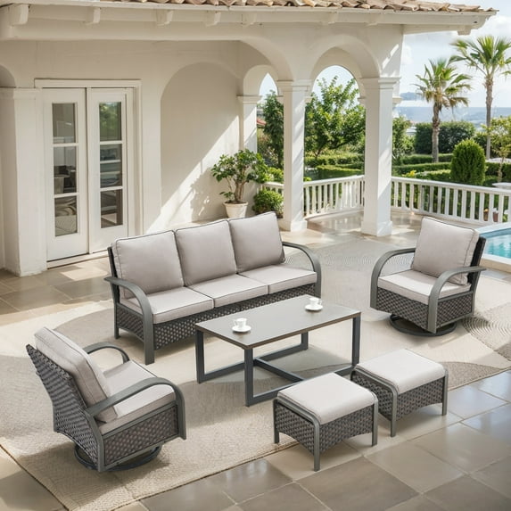 OPOHORO 6-Piece Outdoor Patio Furniture Set with Sofa, 2 Swivel Rocking Chairs, 2 Ottomans and Coffee Table, PE Wicker Deep Seating with Beige Cushions for Deck or Porch