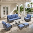 thumbnail image 1 of OPOHORO 6-Piece Outdoor Patio Furniture Set with Sofa, 2 Swivel Rocking Chairs, 2 Ottomans and Coffee Table, PE Wicker Deep Seating with Blue Cushions for Deck or Porch, 1 of 15