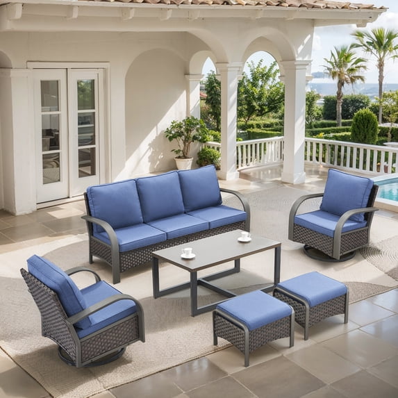 OPOHORO 6-Piece Outdoor Patio Furniture Set with Sofa, 2 Swivel Rocking Chairs, 2 Ottomans and Coffee Table, PE Wicker Deep Seating with Blue Cushions for Deck or Porch