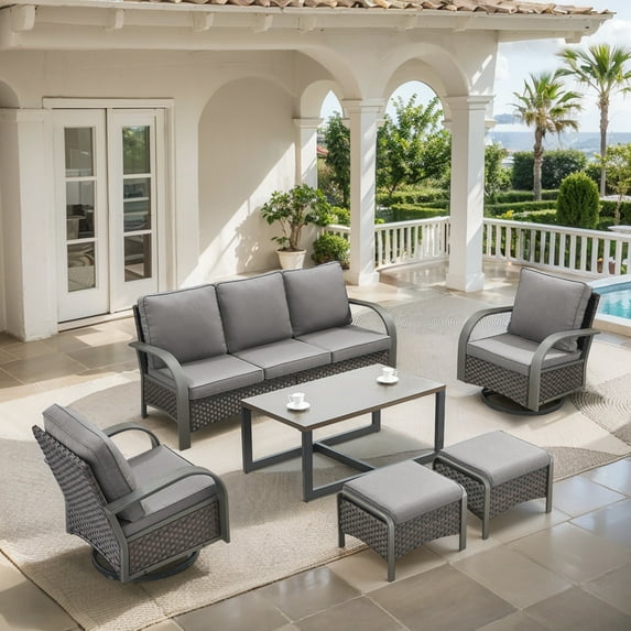 OPOHORO 6-Piece Outdoor Patio Furniture Set with Sofa, 2 Swivel Rocking Chairs, 2 Ottomans and Coffee Table, PE Wicker Deep Seating with Gray Cushions for Deck or Porch