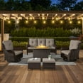 thumbnail image 1 of OPOHORO 6 Pieces Outdoor Conversation Set with 41" Rectangular Fire Pit Table, Brown Rattan Furniture Set with Patio Couch, Swivel Chairs and Ottomans, for Garden Lawn Balcony, Gray Cushion, 1 of 21