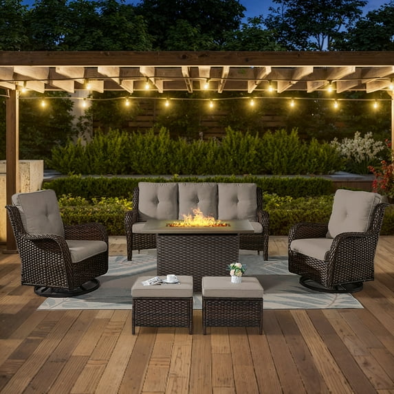 OPOHORO 6 Pieces Outdoor Conversation Set with 41" Rectangular Fire Pit Table, Brown Rattan Furniture Set with Patio Couch, Swivel Chairs and Ottomans, for Garden Lawn Balcony, Gray Cushion