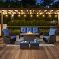thumbnail image 1 of OPOHORO 6 Pieces Outdoor Conversation Set with 41" Rectangular Fire Pit Table, Brown Rattan Furniture Set with Patio Couch, Swivel Chairs and Ottomans, for Garden Lawn Balcony, Blue Cushion, 1 of 21