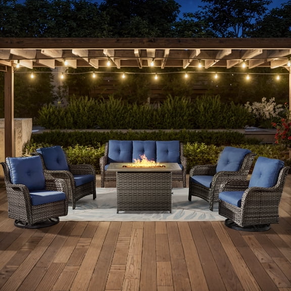 OPOHORO 6 Pieces Outdoor Conversation Set with 41" Rectangular Fire Pit Table, Gray Rattan Furniture Set with Sofa, Lounge Chairs and Swivel Chairs, for Garden Lawn Balcony, Blue Cushion