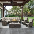 thumbnail image 1 of OPOHORO 6 Pieces Patio Conversation Set with 41" Fire Pit Table, Brown Wicker Rattan Furniture Set for Outside with Sectional Couch, Swivel Chairs, Ottmans and Rectangular Propane 41" Firepit - Beige, 1 of 19