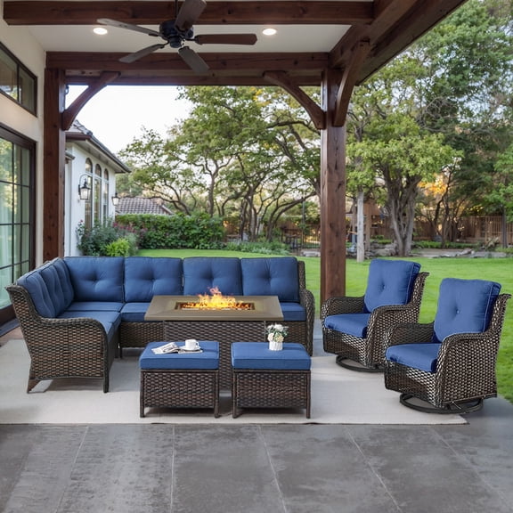 OPOHORO 6 Pieces Patio Conversation Set with 41" Fire Pit Table, Brown Wicker Rattan Furniture Set for Outside with Sectional Couch, Swivel Chairs, Ottmans and Rectangular Propane 41" Firepit - Blue