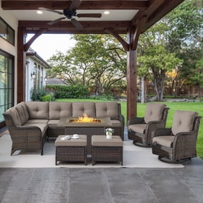 OPOHORO 6 Pieces Patio Conversation Set with 41" Fire Pit Table, Brown Wicker Rattan Furniture Set for Outside with Sectional Couch, Swivel Chairs, Ottmans and Rectangular Propane 41" Firepit - Gray