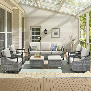 OPOHORO 7-Piece Outdoor Conversation Set with Patio Sofa, 4 Swivel Rocking Chairs and 2 Ottomans, Gray Wicker Patio Furniture with Beige Cushions for Porch or Backyard