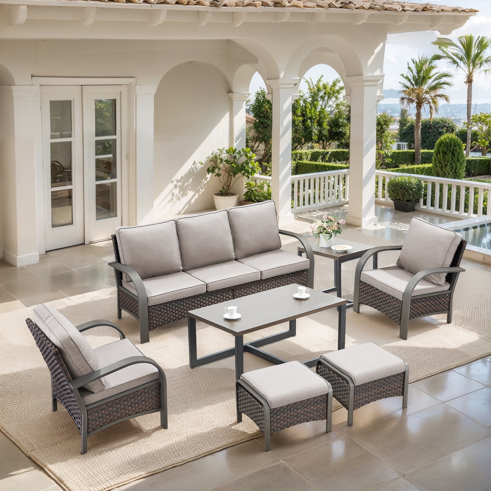 OPOHORO 7-Piece Outdoor Patio Furniture Set with Sofa, 2 Patio Lounge Chairs, 2 Ottomans, Coffee Table and Side Table, PE Wicker Deep Seating with Beige Cushions