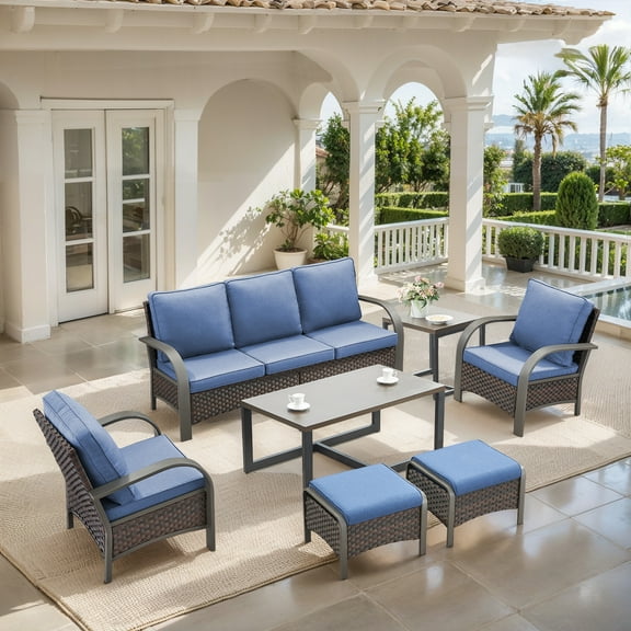 OPOHORO 7-Piece Outdoor Patio Furniture Set with Sofa, 2 Patio Lounge Chairs, 2 Ottomans, Coffee Table and Side Table, PE Wicker Deep Seating with Blue Cushions