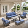 thumbnail image 1 of OPOHORO 7-Piece Outdoor Patio Furniture Set with Sofa, 2 Swivel Rocking Chairs, 2 Ottomans, Coffee Table and Side Table, PE Wicker Deep Seating with Blue Cushions, 1 of 15
