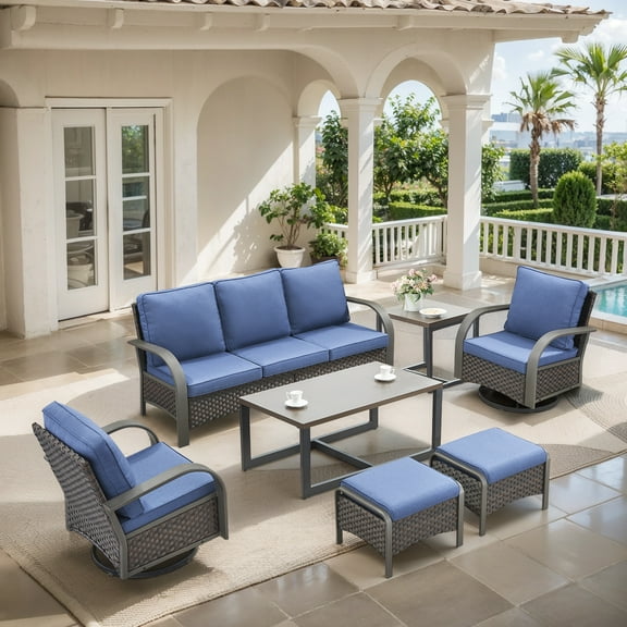 OPOHORO 7-Piece Outdoor Patio Furniture Set with Sofa, 2 Swivel Rocking Chairs, 2 Ottomans, Coffee Table and Side Table, PE Wicker Deep Seating with Blue Cushions