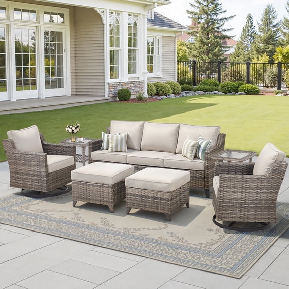 Opohoro 7 Piece Outdoor Conversation Set, Weather Resistant Rattan Patio Furniture Sofa Set with Swivel Rockers, Side Tables and Ottomans, Ideal for Deck Balcony Porch