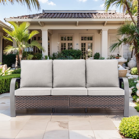 OPOHORO 75-Inch Wide Outdoor Wicker Patio Sofa, 3-Seat Brown Rattan Lounge Couch with Beige Cushions, Deep Seating for Porch or Backyard