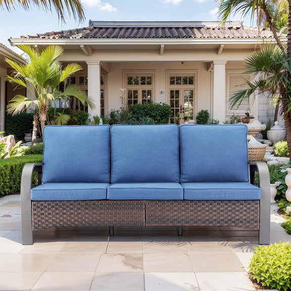 OPOHORO 75-Inch Wide Outdoor Wicker Patio Sofa, 3-Seat Brown Rattan Lounge Couch with Blue Cushions, Deep Seating for Porch or Backyard