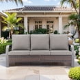 thumbnail image 1 of OPOHORO 75-Inch Wide Outdoor Wicker Patio Sofa, 3-Seat Brown Rattan Lounge Couch with Gray Cushions, Deep Seating for Porch or Backyard, 1 of 9