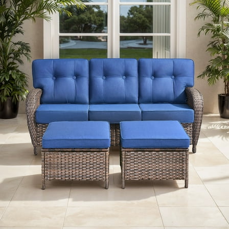 OPOHORO 75" Outdoor Wicker Patio Sofa with Ottomans, T Shape-Back Cushions and 5" Thick Foam, for Porch or Backyard, Blue