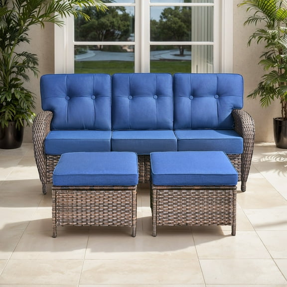OPOHORO 75" Outdoor Wicker Patio Sofa with Ottomans, T Shape-Back Cushions and 5" Thick Foam, for Porch or Backyard, Blue