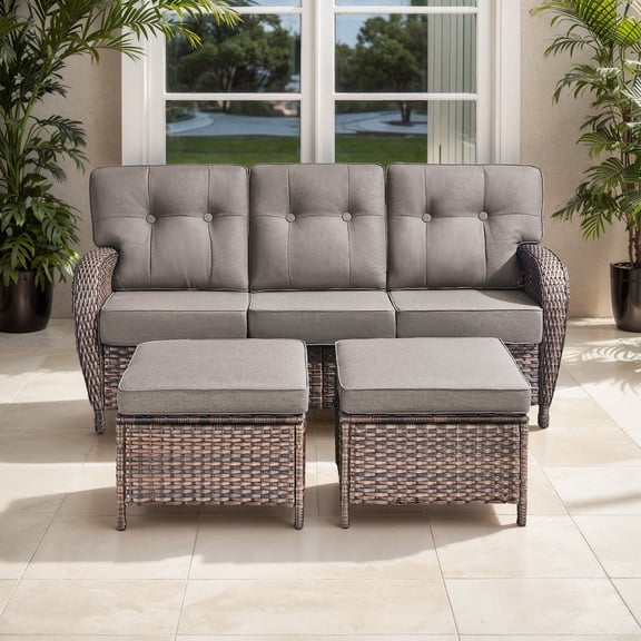 OPOHORO 75" Outdoor Wicker Patio Sofa with Ottomans, T Shape-Back Cushions and 5" Thick Foam, for Porch or Backyard, Gray