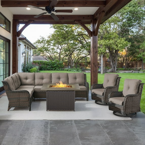 OPOHORO 8 Person Patio Conversation Set with 41" Fire Pit Table, Brown Wicker Rattan Furniture Set for Outside with Sectional Couch, Patio Swivel Chairs and Rectangular Firepit Table - Gray