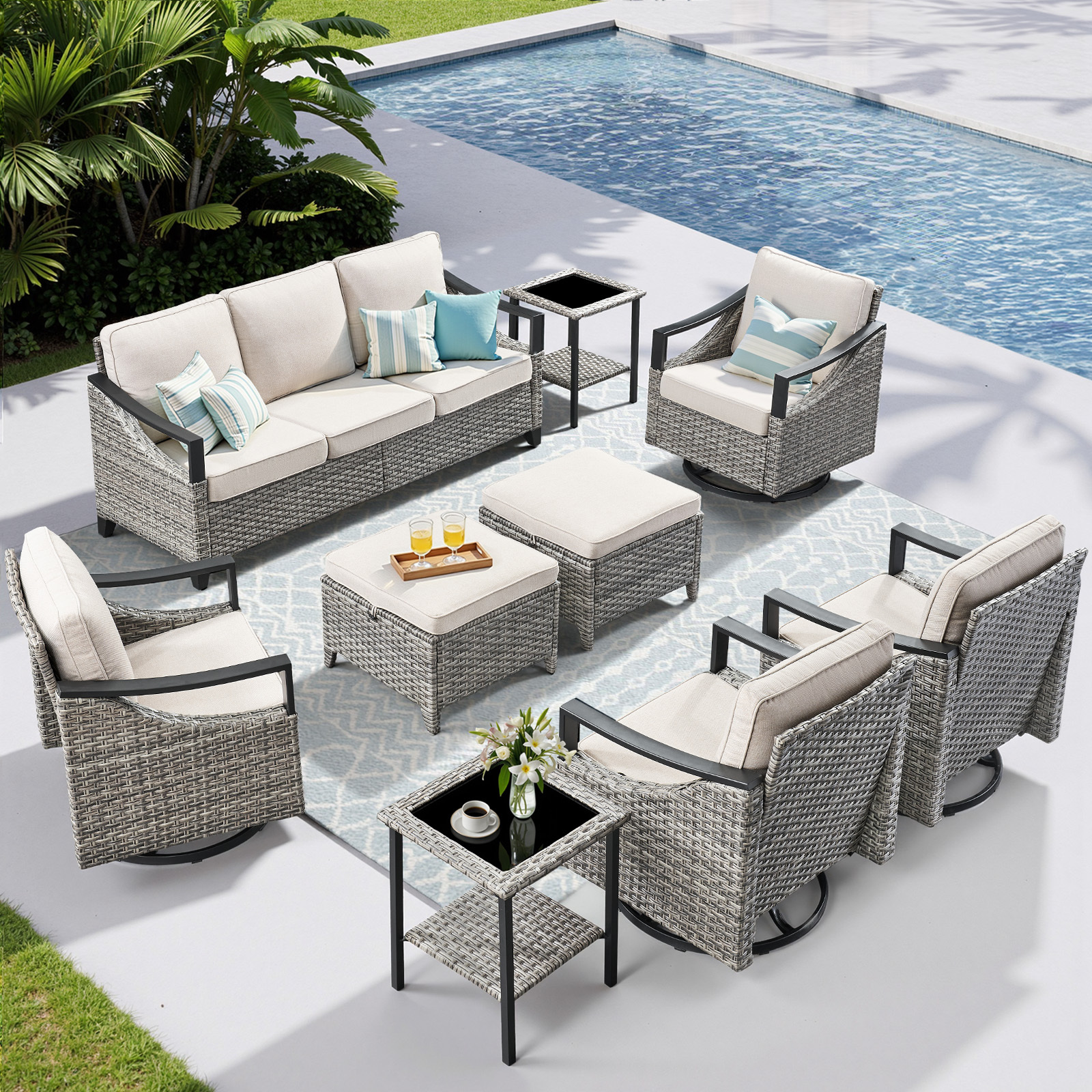OPOHORO 9-Piece Outdoor Conversation Set with Sofa, 4 Swivel Rocking ...