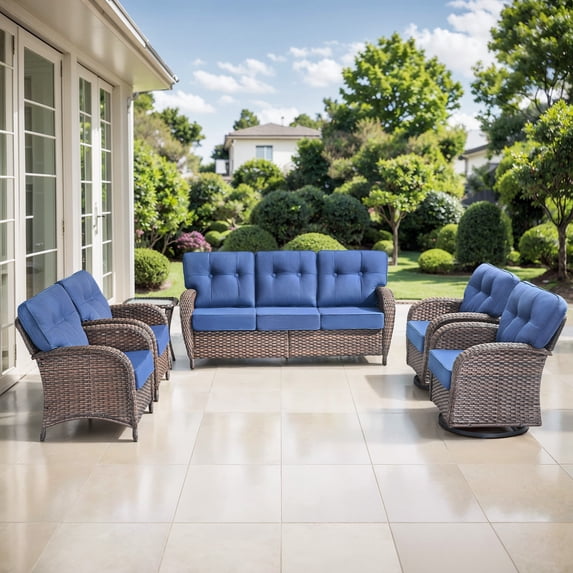 OPOHORO Outdoor 6 Pieces Conversation Set, Brown Wicker Sofa, with Swivel Chairs, Lounge Chairs and Side Table, Patio Furniture Set with 5" Thick Cushion Ideal for Porch and Deck, Blue