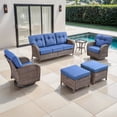 thumbnail image 1 of OPOHORO Outdoor 6 Pieces Conversation Set, Brown Wicker Sofa, with Swivel Chairs, Side Table and Ottomans, Patio Furniture Set with 5" Thick Cushion Ideal for Porch and Deck, Blue, 1 of 15
