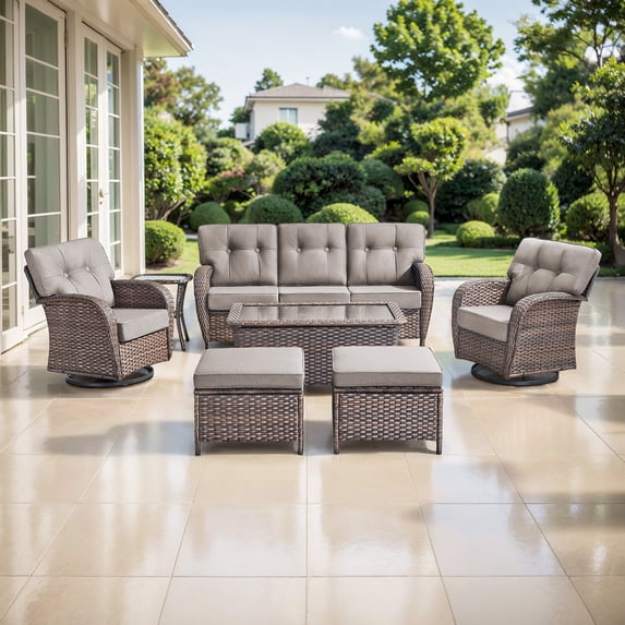 OPOHORO Outdoor 7 Pieces Conversation Set, Brown Wicker Sofa, with Swivel Chairs, Side Table, Coffee Table and Ottomans, Patio Furniture Set with 5" Thick Cushion for Backyard, Gray