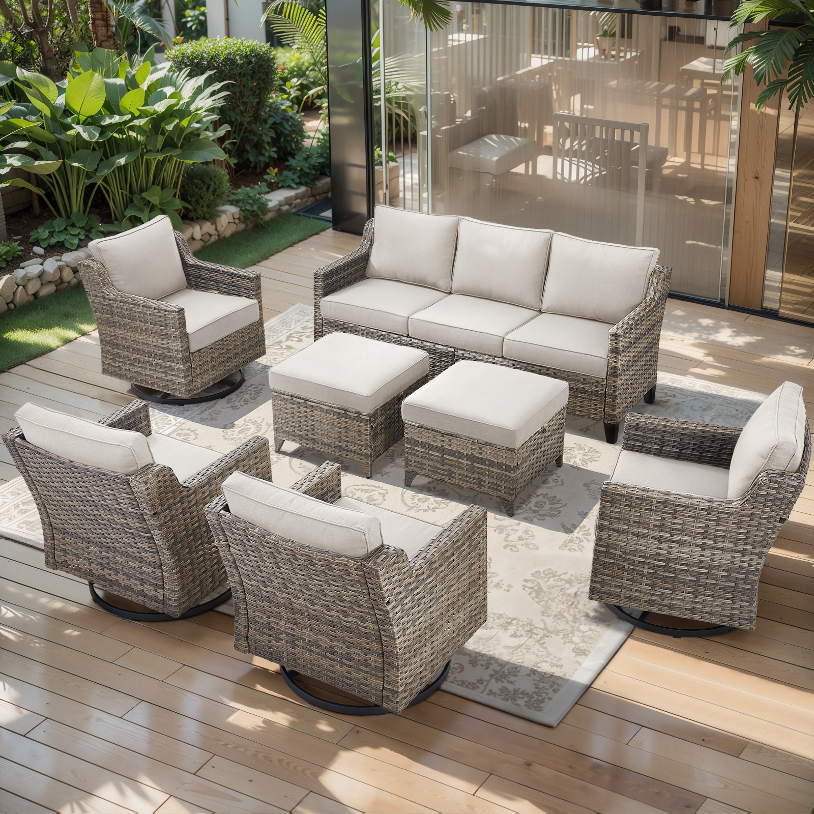 OPOHORO 7-Piece Wicker Swivel Gliding Outdoor Conversation Sets with ...