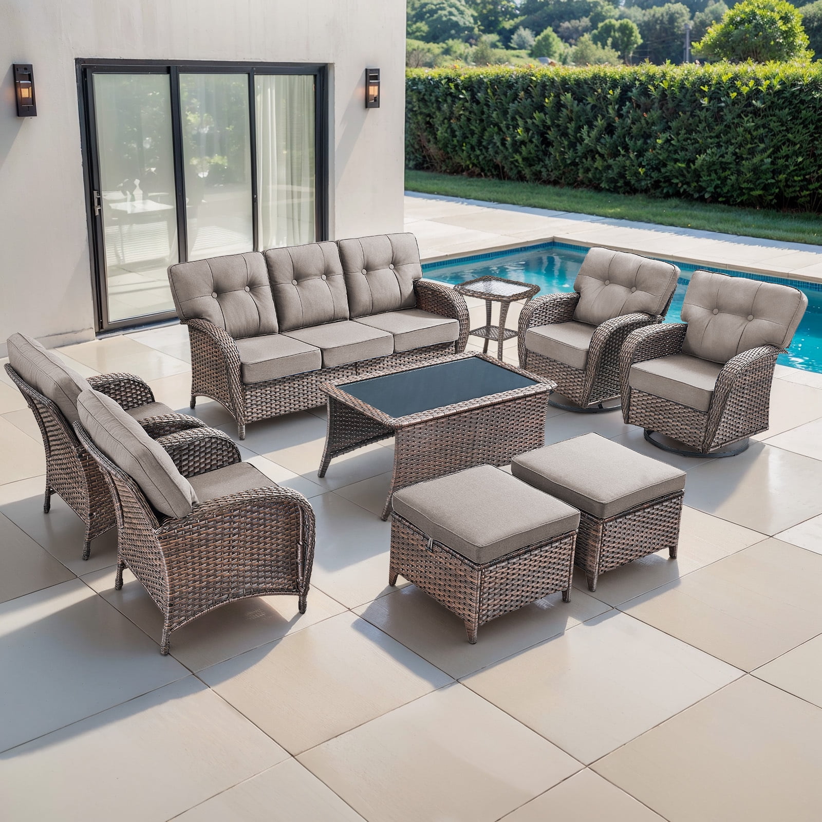 OPOHORO Outdoor 9 Pieces Conversation Set, Brown Wicker Sofa, with ...