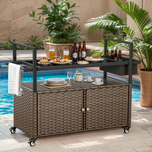 Meyreso Outdoor Bar Cart with Storage Cabinet and Glass Top, Mobile PE Wicker Serving Table, Brown