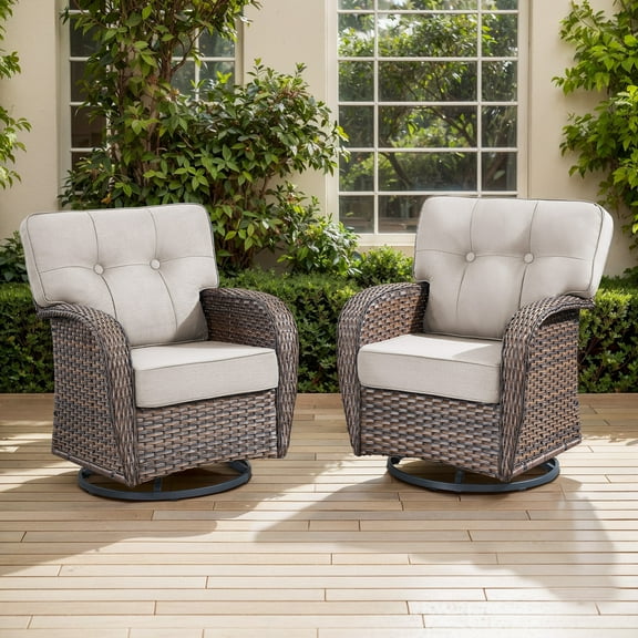 OPOHORO Outdoor Glider Chairs Set of 2, Brown Wicker Patio Furniture Swivel Rockers with T Shape-Back Cushions and 5" Thick Foam, Ideal for Porch and Yard, Beige