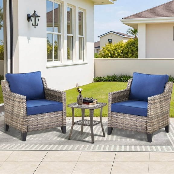 OPOHORO Outdoor Lounge Chairs Set of 2, with Glass-Top Side Table, 3 Pieces Gray Wicker Furniture Set Ideal for Porch, Poolside, Deck, and Yard in Blue