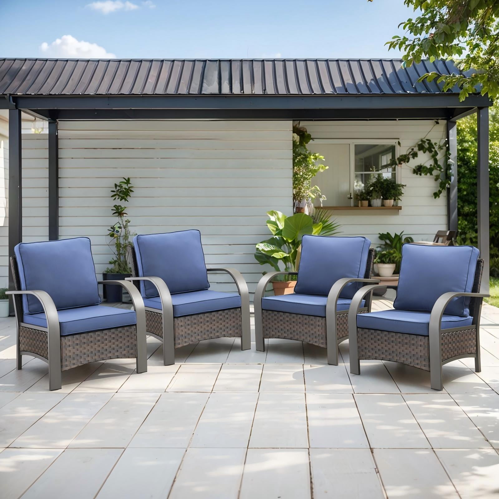 OPOHORO 4-Piece Patio Conversation Set with 4 Patio Lounge Chairs, PE Wicker Outdoor Furniture with Blue Cushions for Porch or Backyard