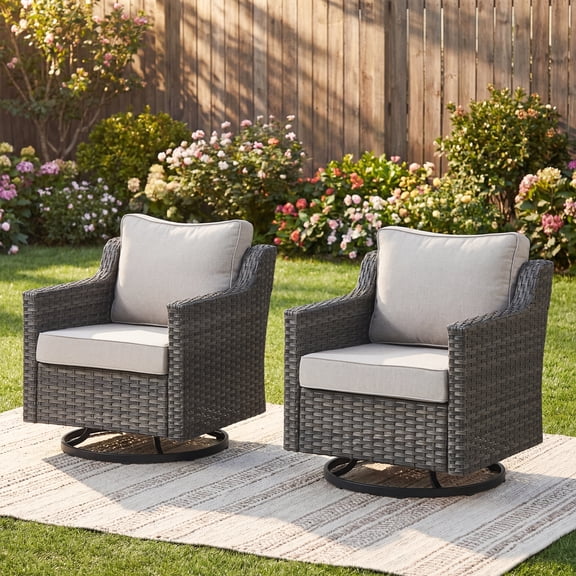Opohoro Outdoor Swivel Rocker Patio Chairs Set of 2, High Back Wicker Glider Chairs with Beige Cushions for Porch, Deck, Balcony