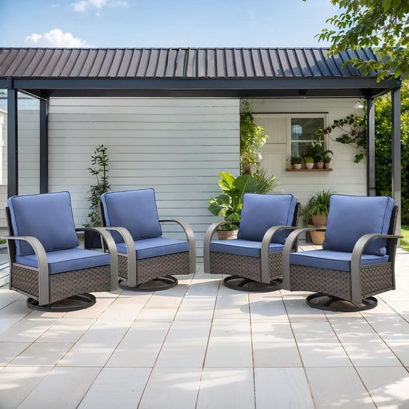 OPOHORO Outdoor Swivel Rocking Glider Chairs Set of 4, Outside All Weather Brown Wicker Patio Rocker Chairs for Porch or Deck, Blue Cushion