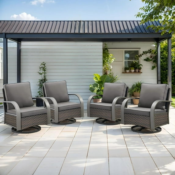 OPOHORO Outdoor Swivel Rocking Glider Chairs Set of 4, Outside All Weather Brown Wicker Patio Rocker Chairs for Porch or Deck, Gray Cushion