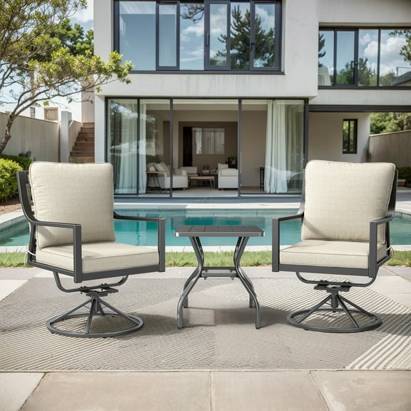 OPOHORO Patio Dining Chair Set of 2, Outdoor PE Wicker Swivel Rocking Chairs with Beige Cushion & Side Table, for Garden Deck Porch