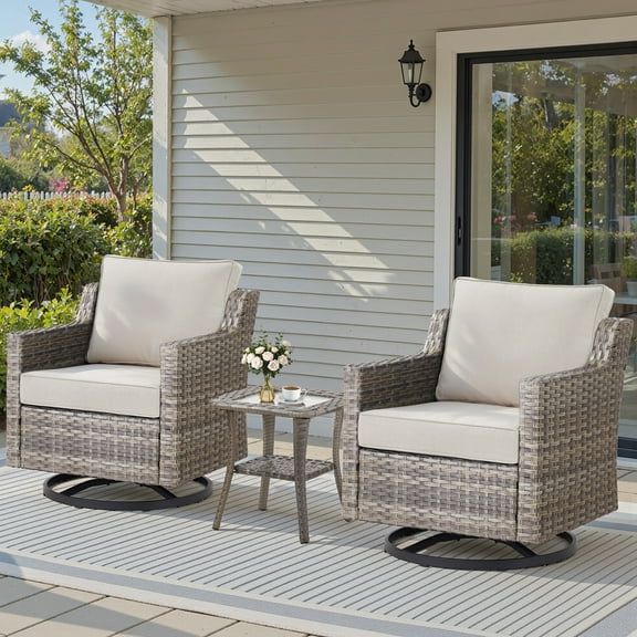 OPOHORO Swivel Outdoor Chairs Set of 2, with Glass-Top Side Table, 3 Pieces Gray Wicker Furniture Set Ideal for Porch, Poolside, Deck, and Yard in Beige